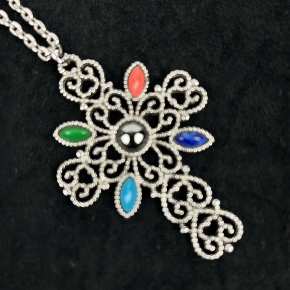 Vintage Avon Romanesque. Cross Pendant Necklace Silver tone Filagree multicolor